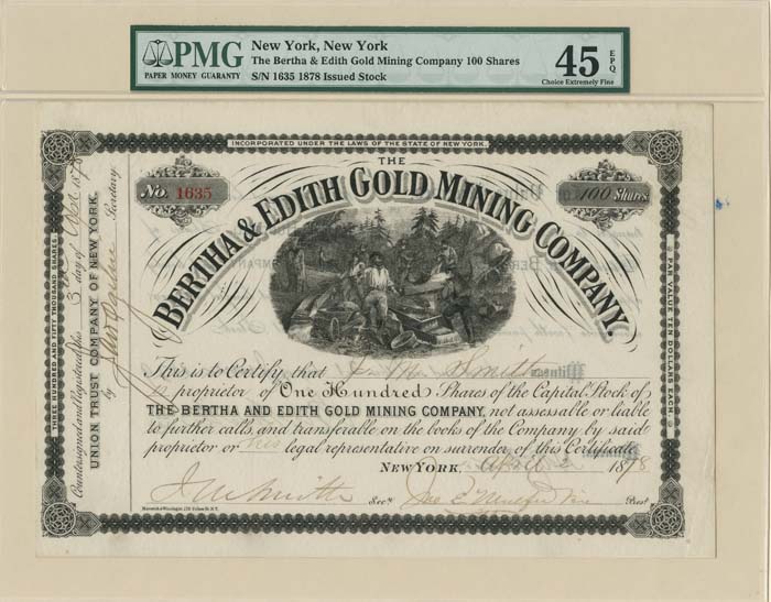 Bertha and Edith Gold Mining Co. - Stock Certificate